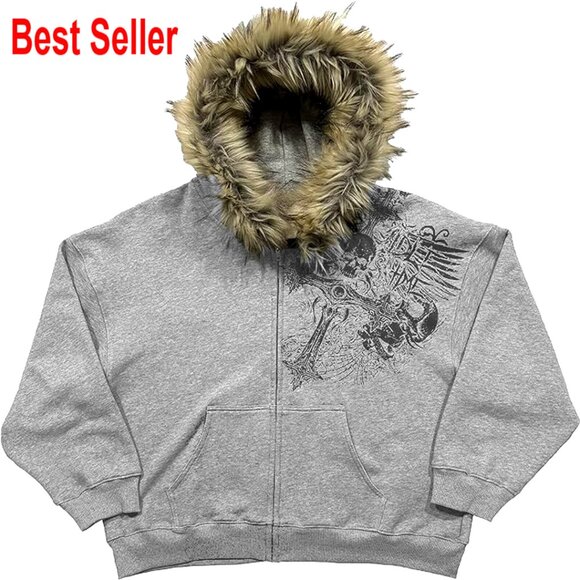Oversized Zip Up Hoodie with Faux Fur Hood Graphic Y2K Grunge Streetwear